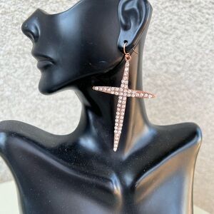 Glam pave rhinestones earrings point cross bronze tone metal pierced religious